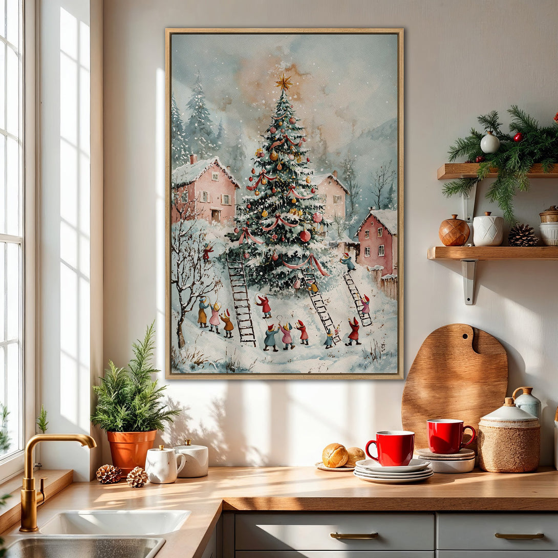 Framed Wall Art: Watercolor Christmas scene with a decorated tree, pink houses, and children. Soft, warm color palette for cozy holiday decor.