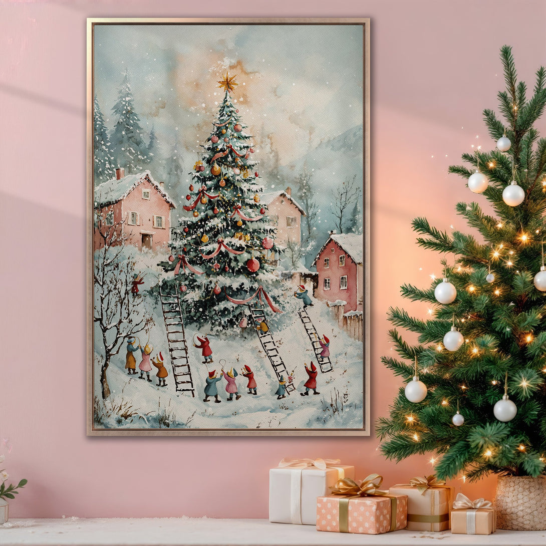 Framed Wall Art: Watercolor Christmas scene with a decorated tree, snow, and adorable figures. Soft, pastel color palette perfect for holiday decor.