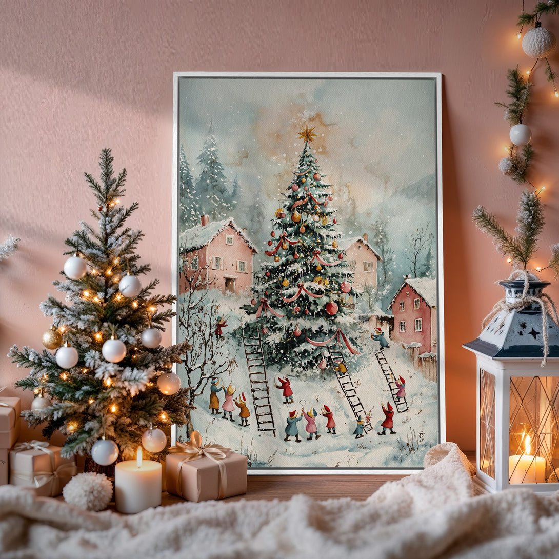 Framed Wall Art: Watercolor Christmas scene in soft pastel colors. Charming winter landscape with a festive tree, perfect for holiday decor.