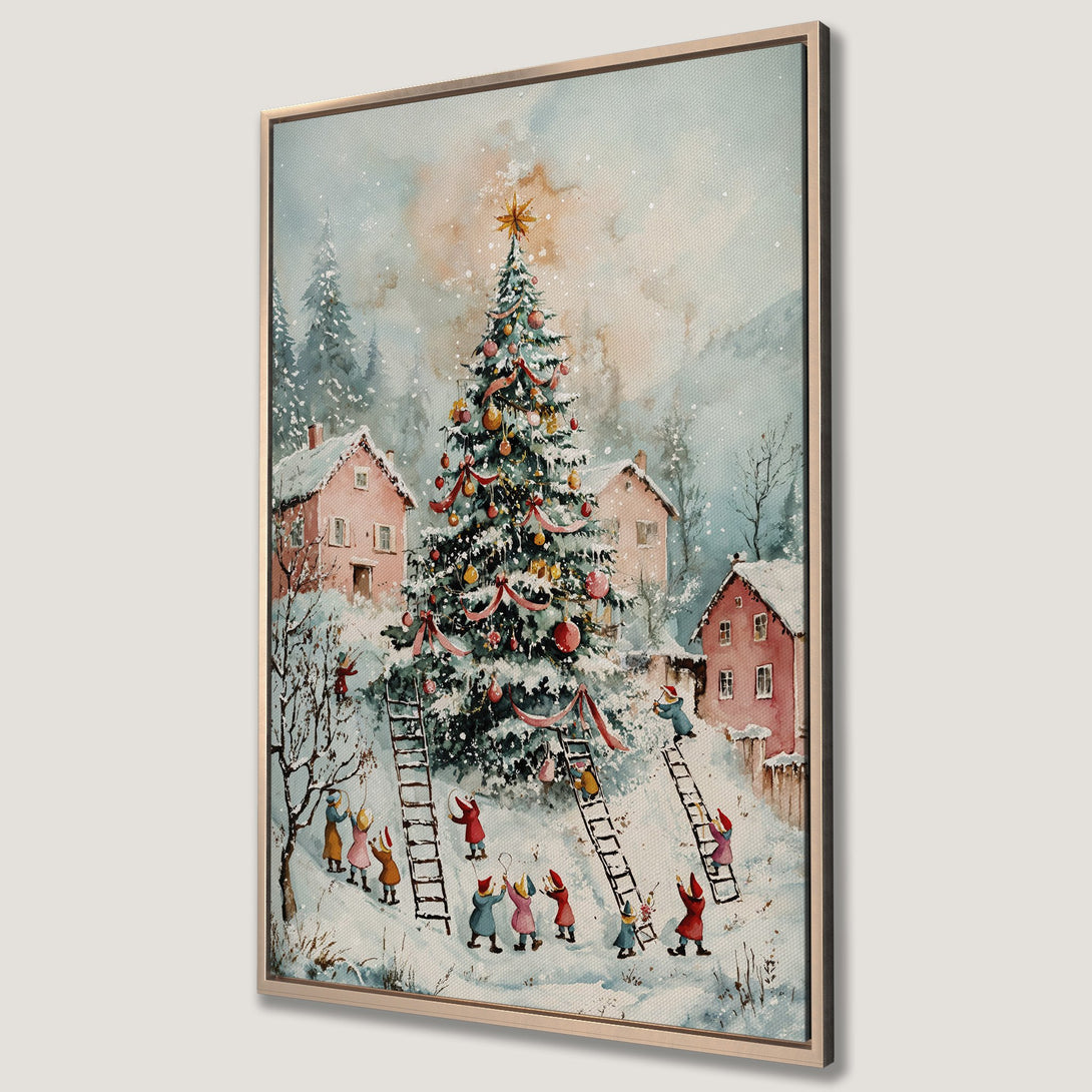 Framed Wall Art: Watercolor Christmas scene with a decorated tree, village, and playful figures. Soft blues, pinks, and greens create a cozy holiday feel.