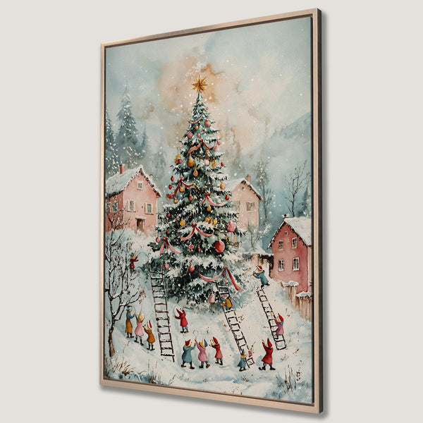 Framed Wall Art: Watercolor Christmas scene with a decorated tree, village, and playful figures. Soft blues, pinks, and greens create a cozy holiday feel.