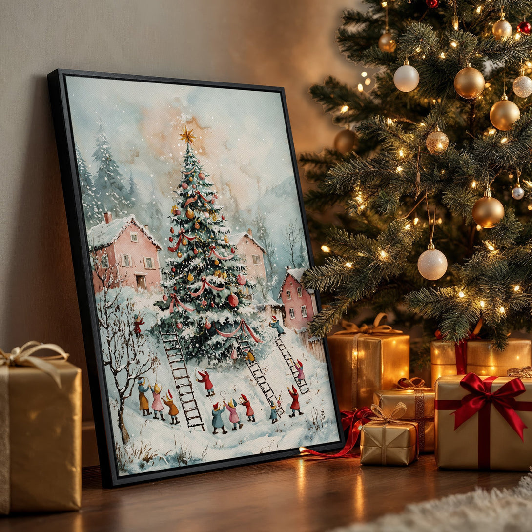 Framed Wall Art: Whimsical winter scene Canvas Print with a Christmas tree, snowy village, and a warm watercolor palette. Perfect holiday decor!