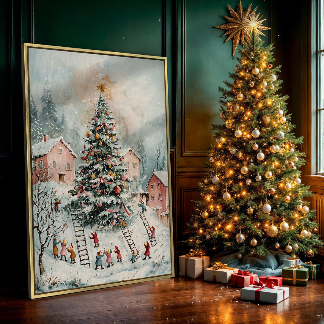 Canvas Print of a whimsical Christmas scene with a decorated tree and snow-covered village. Watercolor style, soft pastel color palette.