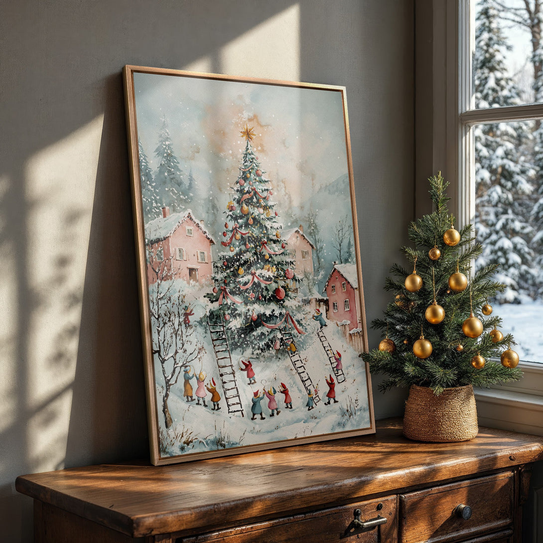 Framed Wall Art: Watercolor Christmas scene with a decorated tree, snowy village, and playful figures. Soft blues, pinks, and greens create a cozy winter vibe.