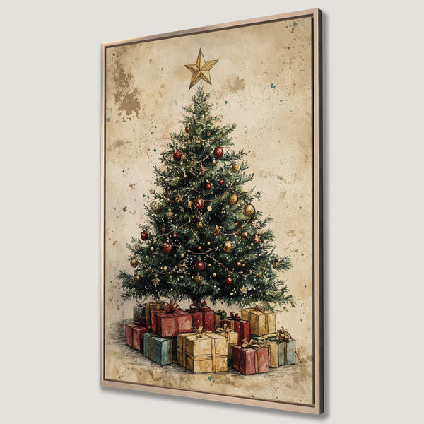 Framed Wall Art: Vintage Christmas tree print with warm, festive colors. Watercolor style canvas print perfect for holiday decor.