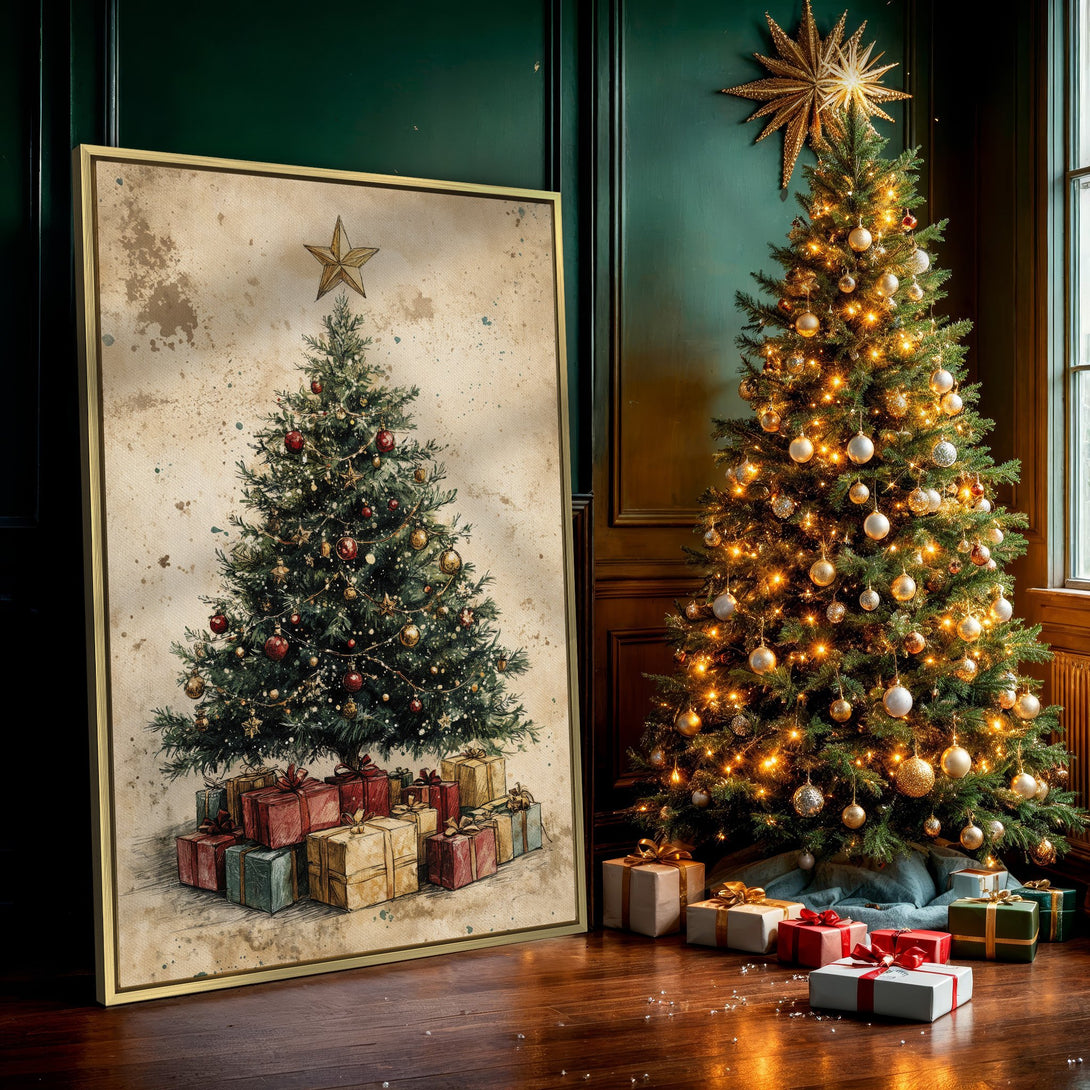 Canvas Print of a vintage Christmas tree with gifts. Rustic style, warm color palette. Perfect holiday wall art.