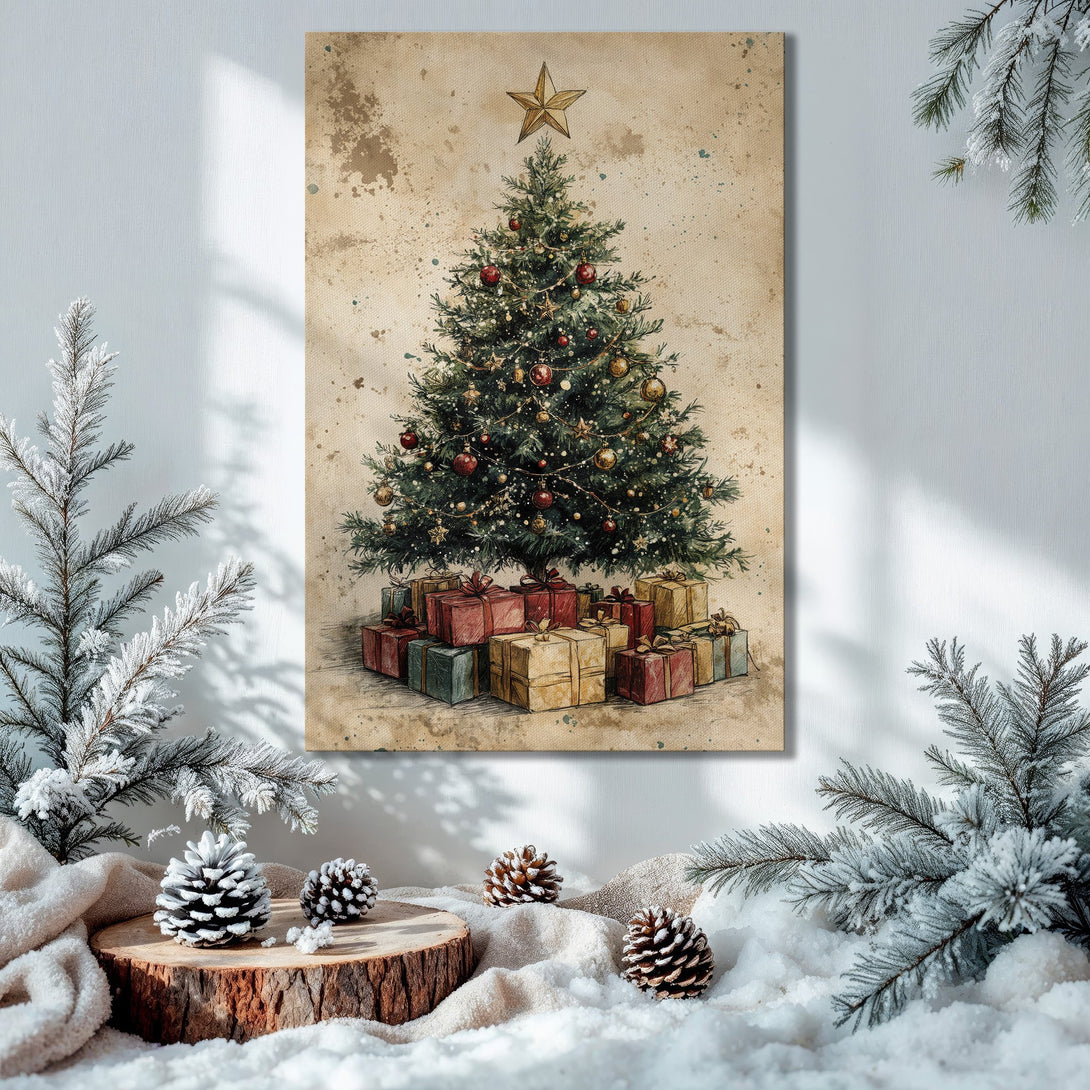 Framed Wall Art featuring a vintage Christmas tree illustration. Warm, festive color palette perfect for holiday decor. Bring the spirit of Christmas home!