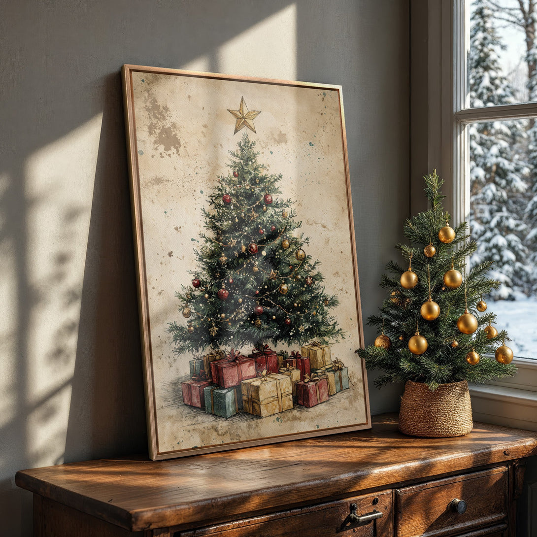 Framed Wall Art: Vintage Christmas tree print with warm, neutral tones. Perfect holiday decor for a cozy, inviting home. Shop now!