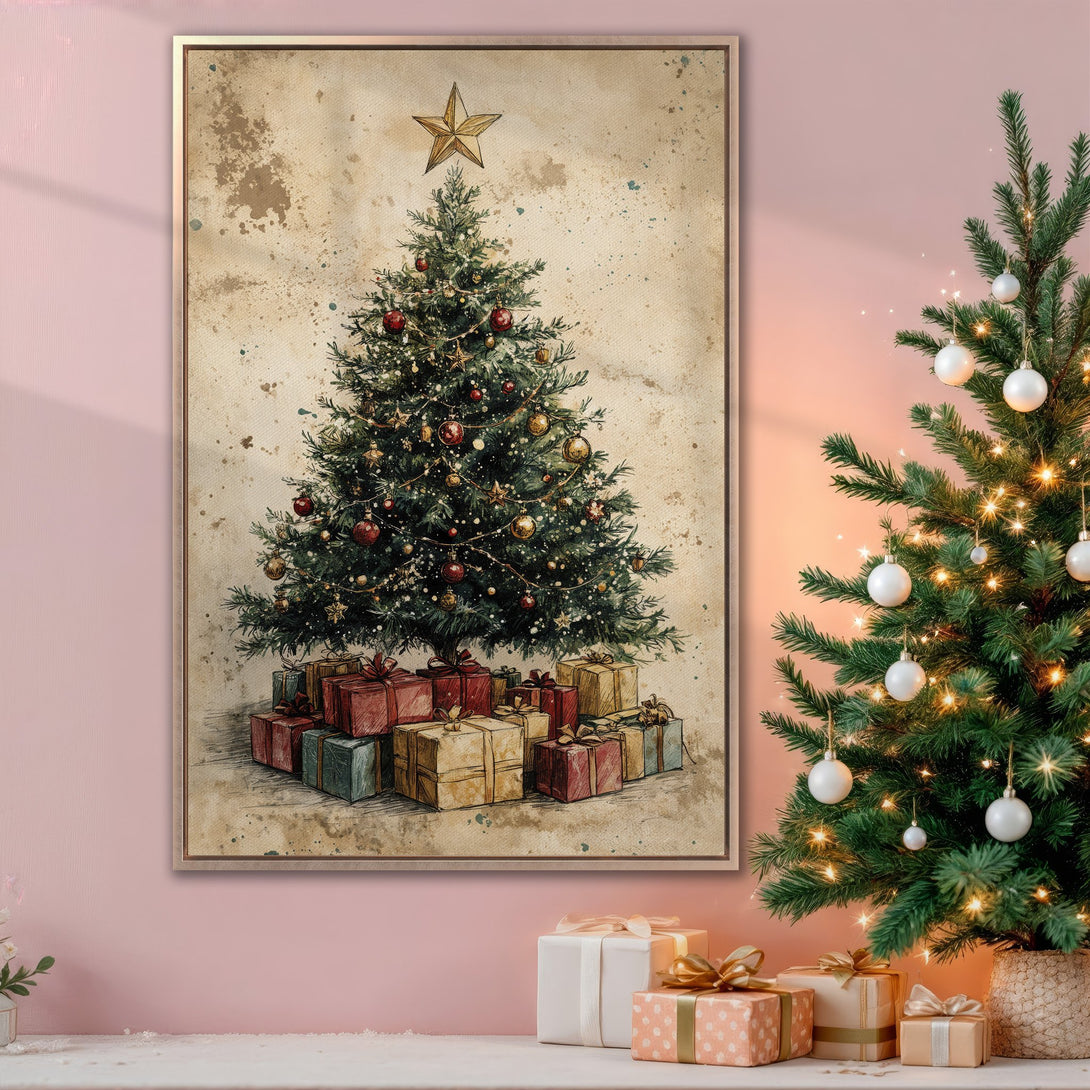Framed Wall Art featuring a vintage Christmas tree illustration. Warm, inviting color palette with reds, greens, and golds. Perfect holiday decor for your home.