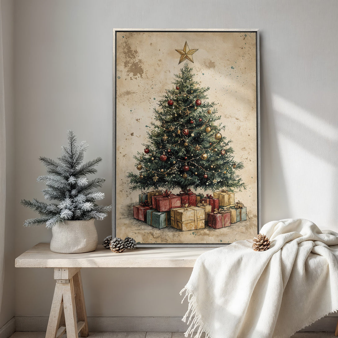 Framed Wall Art: Vintage Christmas tree print in warm tones. Perfect holiday decor! Rustic style, green, red, gold palette. Canvas print for cozy interiors.