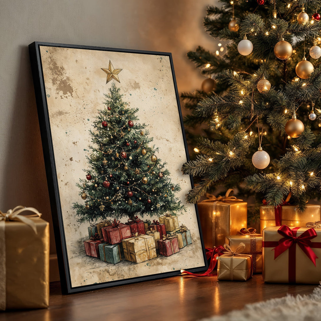 Framed Wall Art featuring a vintage Christmas tree illustration with warm, neutral tones. Perfect holiday decor!