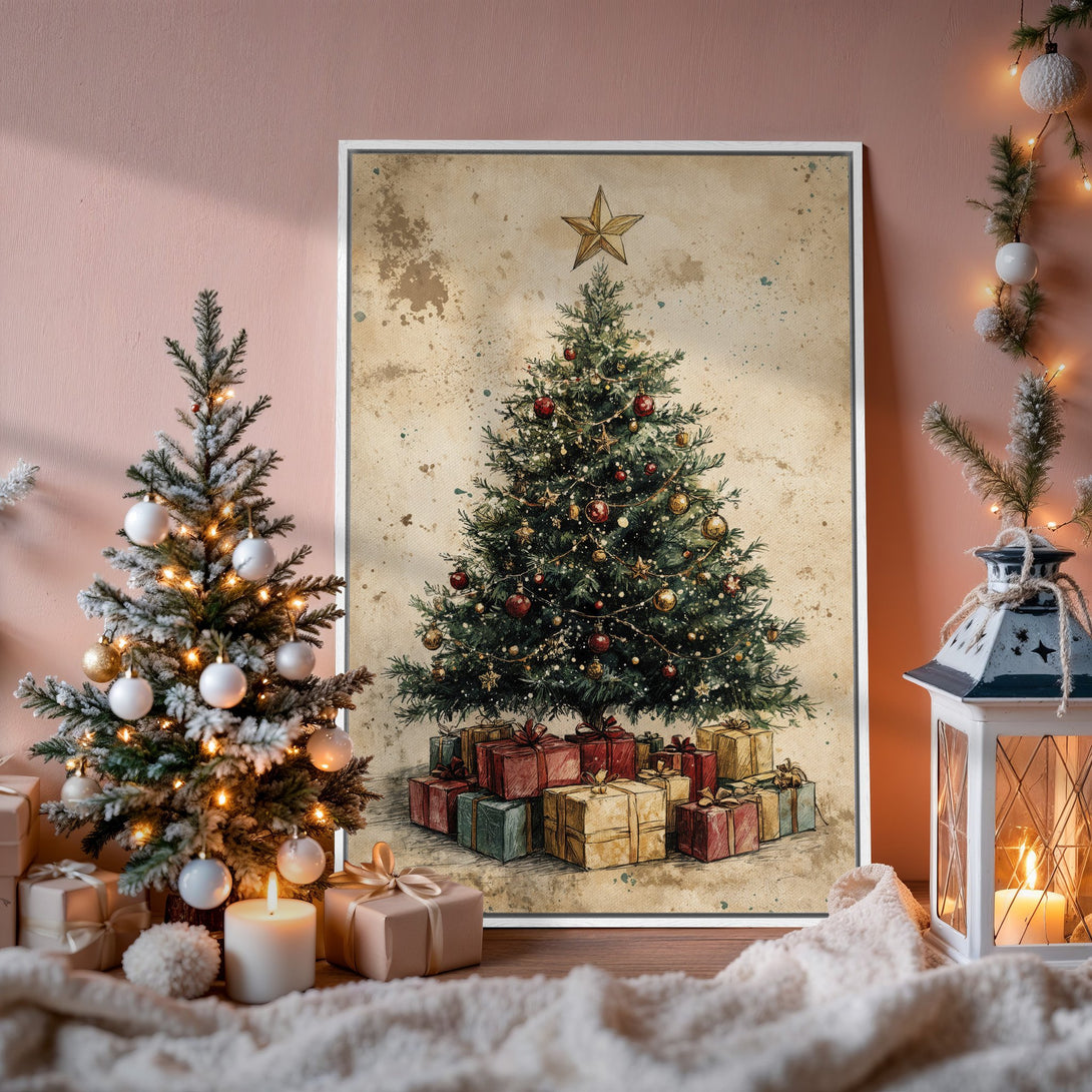 Framed Wall Art: Vintage Christmas tree print in warm tones. Perfect holiday decor with green, red, gold, and beige color palette. Cozy, festive wall art.
