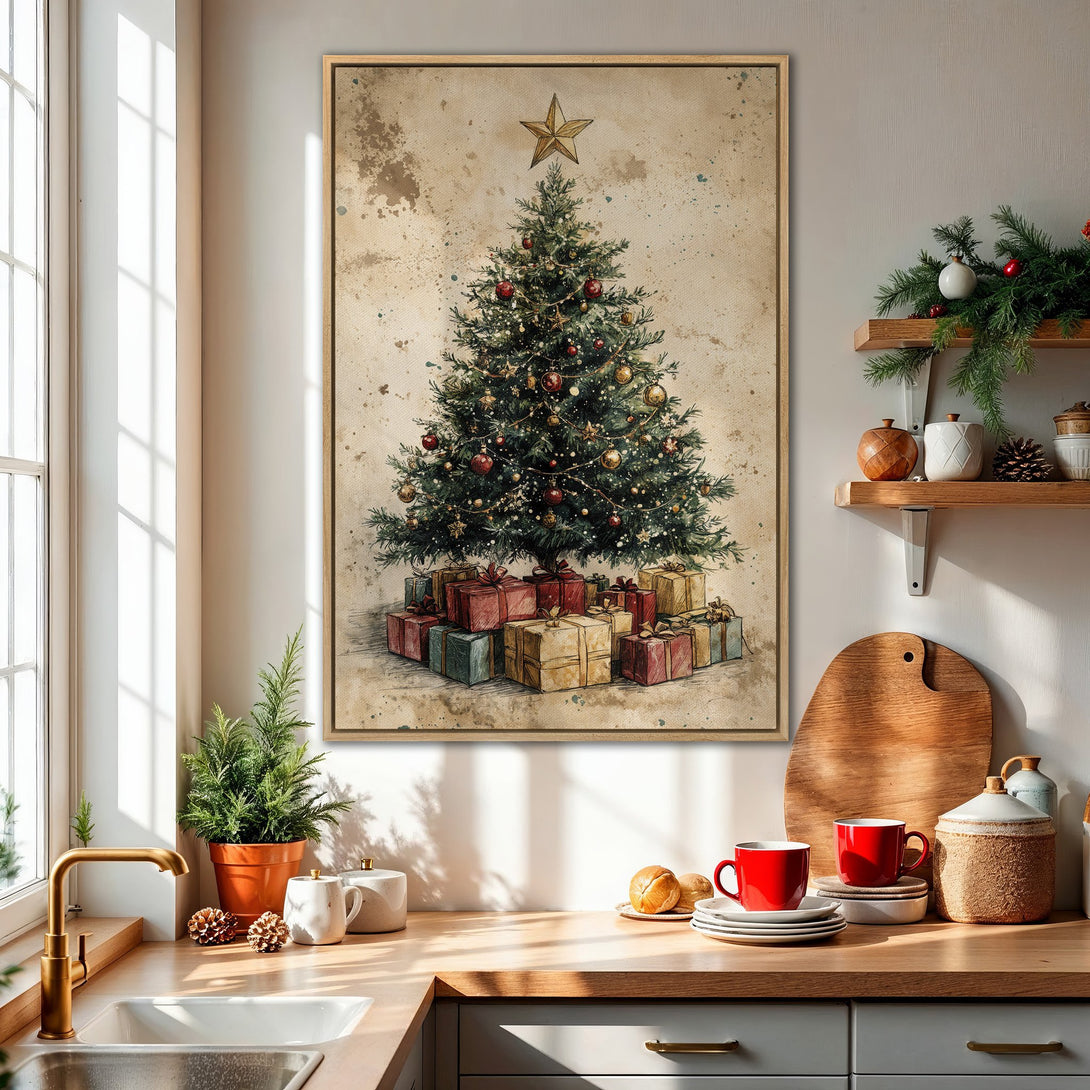 Framed Wall Art: Vintage Christmas tree print with warm, inviting colors. Perfect holiday decor for your home!