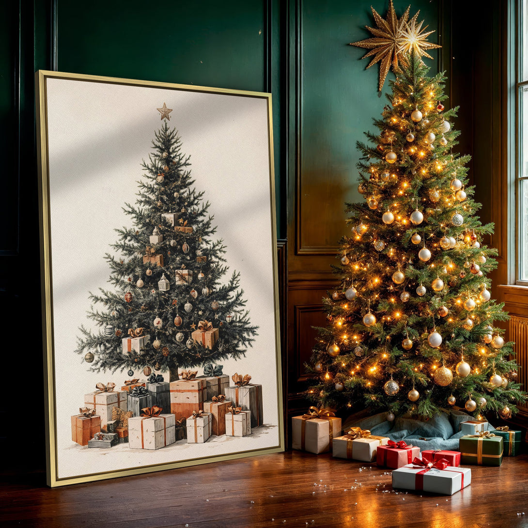 Canvas Print of a Christmas tree illustration in a neutral color palette, perfect for holiday decor. Vintage style wall art.