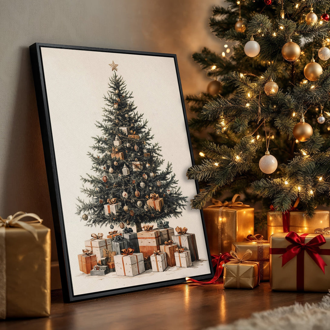 Framed Wall Art featuring a vintage Christmas tree illustration. Warm, inviting color palette with gold, green, and beige tones, perfect for holiday decor.