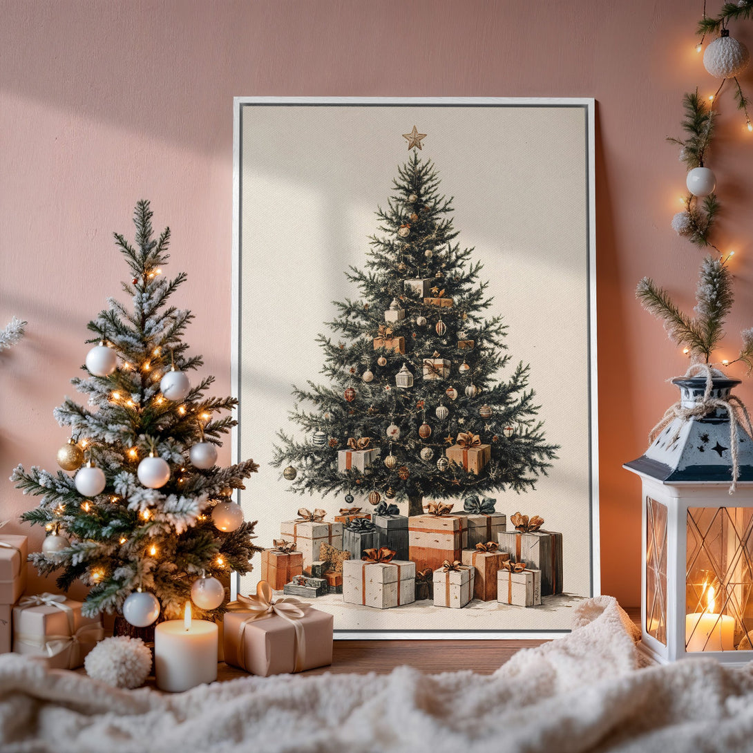 Framed Wall Art: Vintage Christmas tree print in neutral tones. Cozy holiday decor with warm, inviting color palette. Perfect for festive home styling.