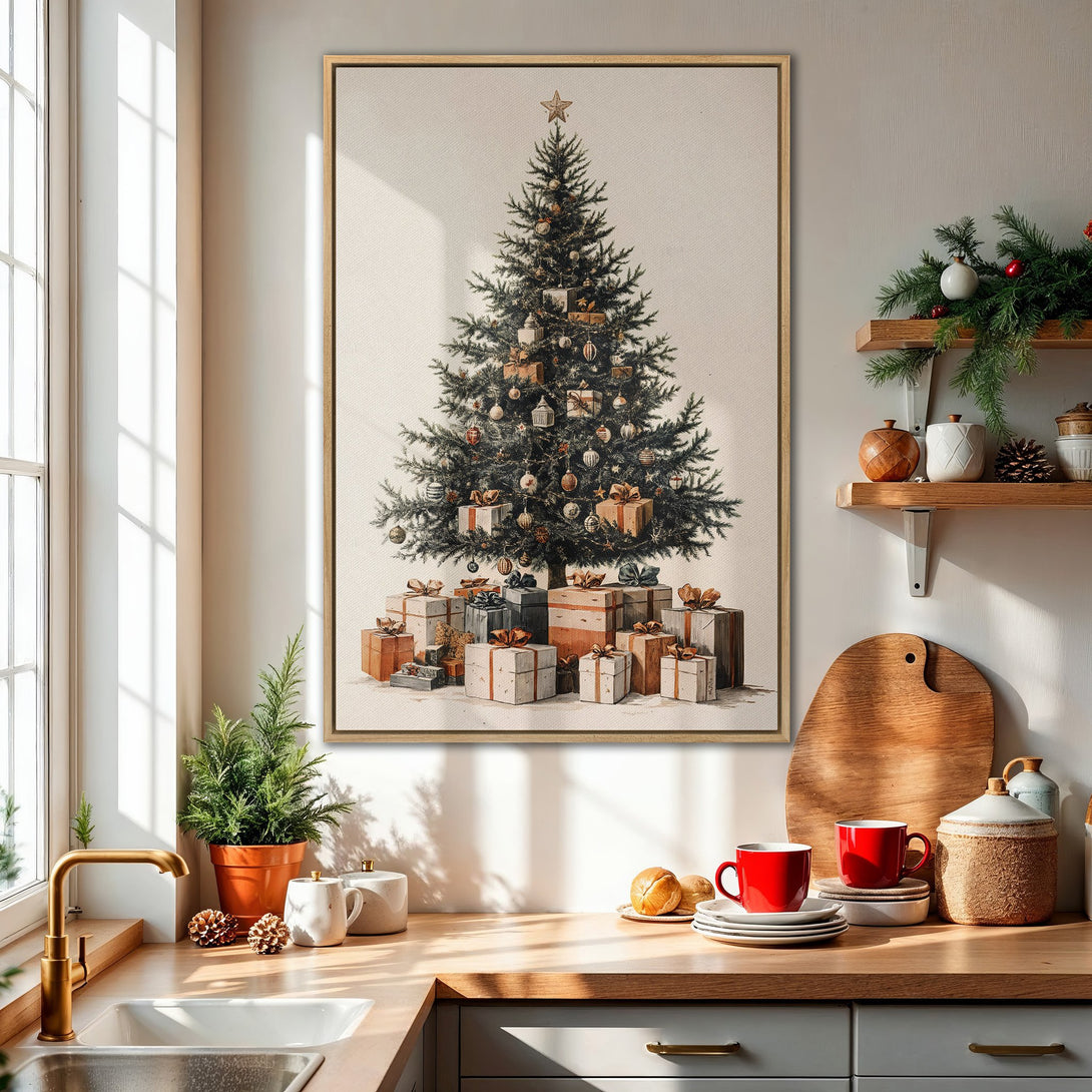 Framed Wall Art: Vintage Christmas tree print in neutral tones. Perfect holiday decor for your kitchen or living room. Shop now for festive wall art!