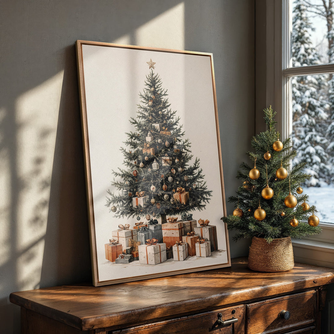 Framed Wall Art of a Christmas tree with gifts, featuring a vintage watercolor style and warm, neutral color palette. Perfect holiday decor!