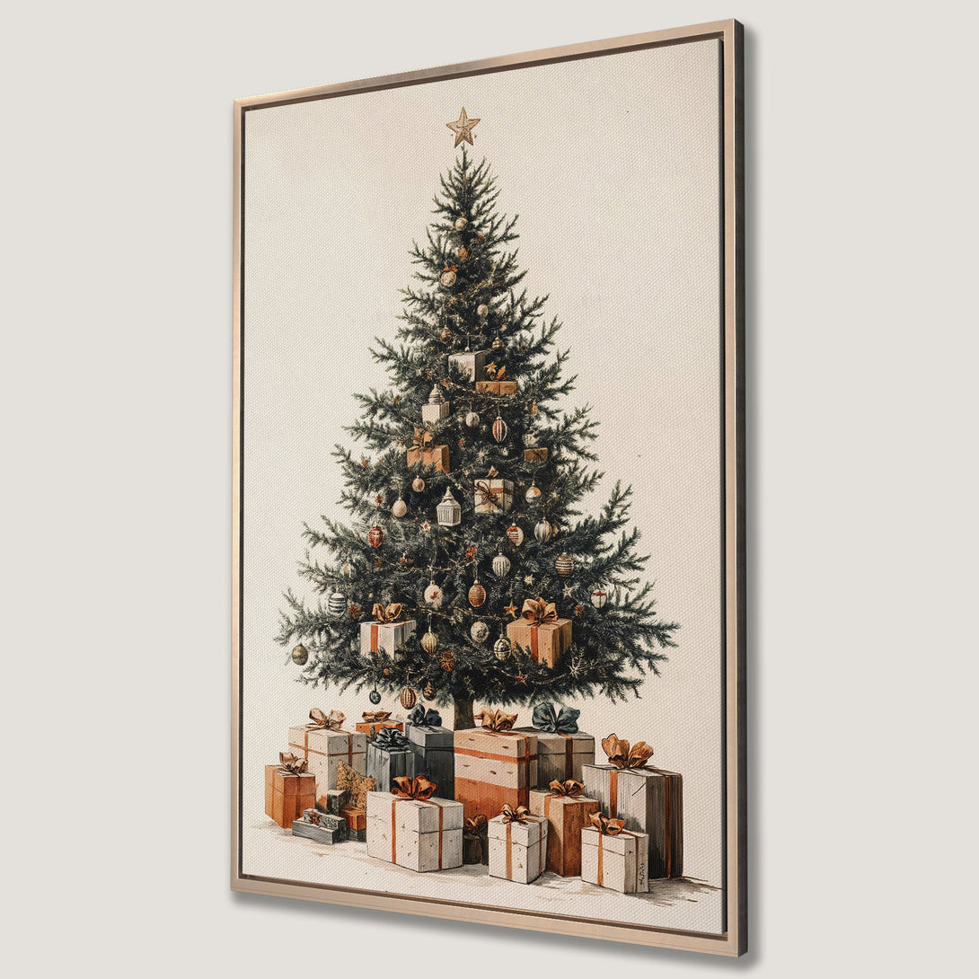 Framed Wall Art featuring a vintage-style Christmas tree with gifts, showcasing a warm, neutral color palette. Perfect holiday decor!