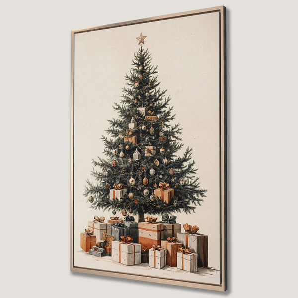 Framed Wall Art featuring a vintage-style Christmas tree with gifts, showcasing a warm, neutral color palette. Perfect holiday decor!