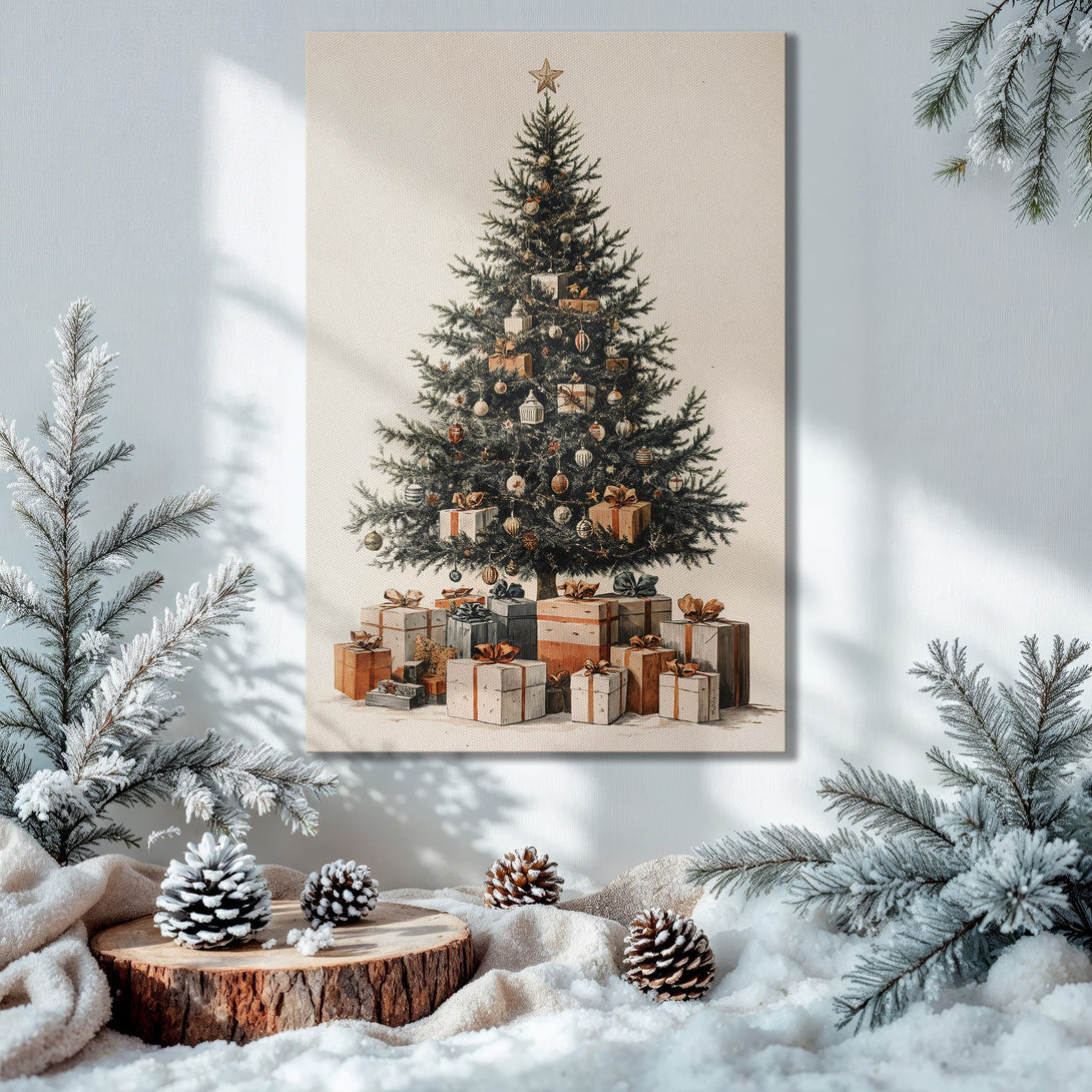 Framed Wall Art: Vintage Christmas tree illustration in gold frame, warm color palette, perfect holiday decor.