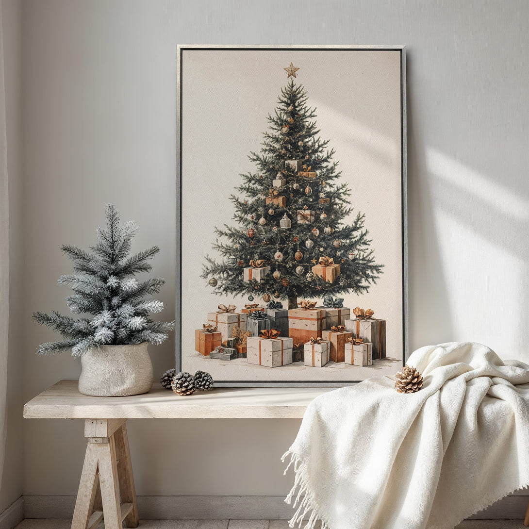 Framed Wall Art featuring a vintage Christmas tree illustration. Warm neutral color palette with green, brown, and cream tones. Perfect for cozy holiday decor.