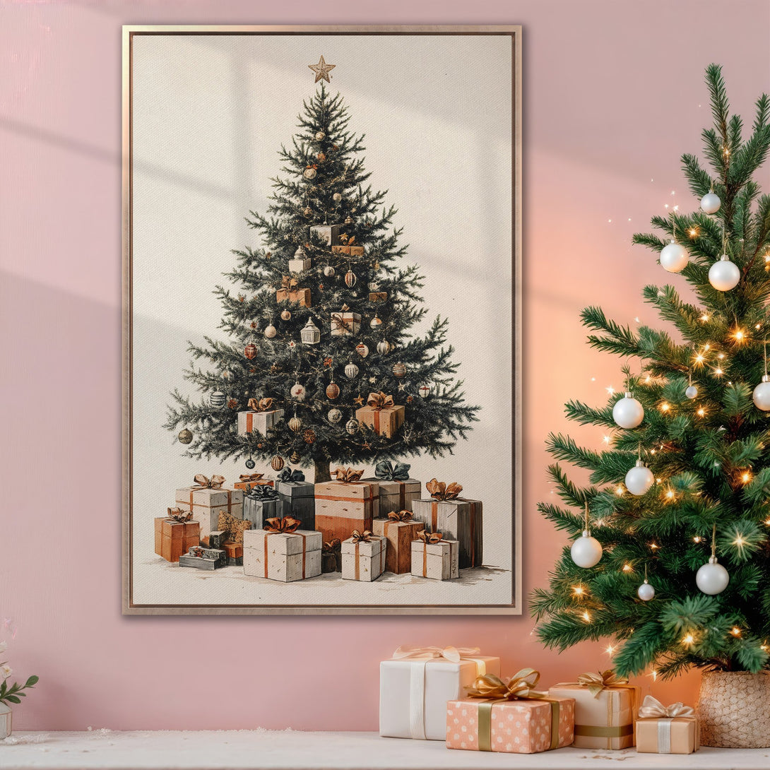 Framed Wall Art: Vintage Christmas tree print with gifts, warm neutral tones. Perfect holiday decor for a cozy, festive home.