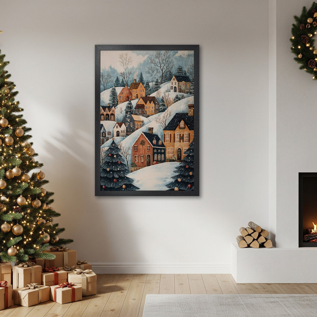 Framed Poster featuring a winter village scene in watercolor style with a warm, inviting color palette. Perfect holiday decor!