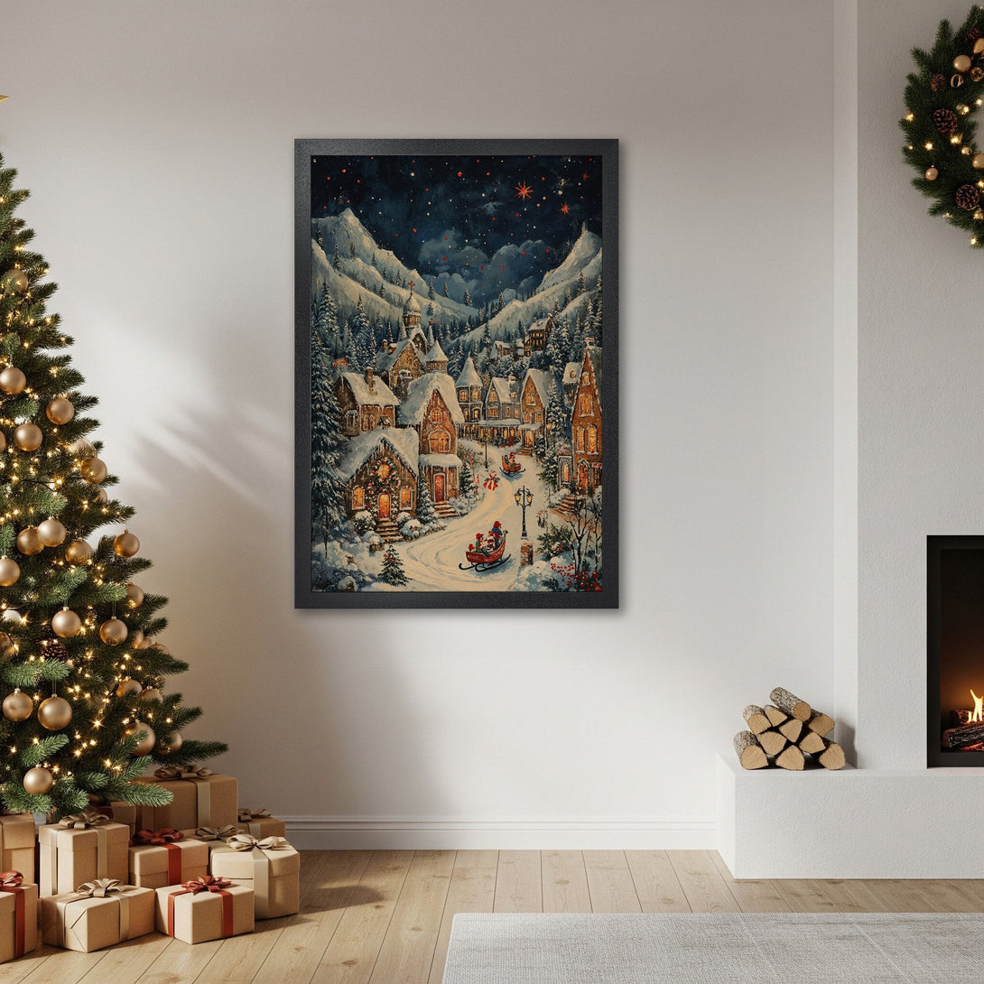 Framed Poster of a cozy winter village scene in a vintage style with a blue and warm color palette, perfect for holiday decor.