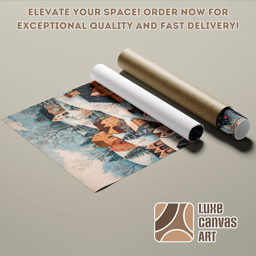 Winter village art Poster Roll, watercolor style, blue and brown palette. Elevate your space!