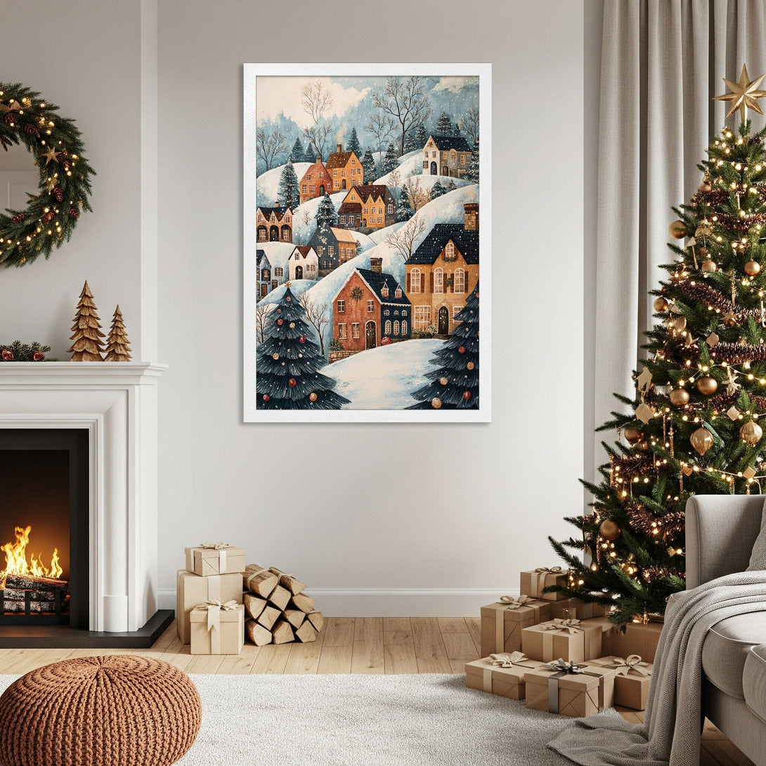 Framed Poster of a winter village scene in watercolor style, featuring warm tones and a snowy landscape. Perfect holiday decor!