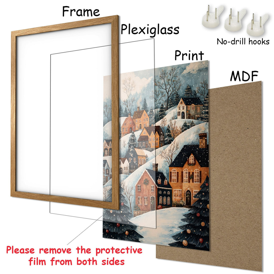 Framed Poster featuring a cozy winter village scene. Warm, inviting color palette. Perfect for adding charm to your home!