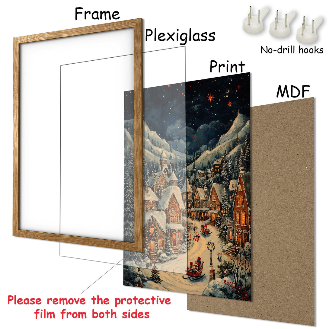 Framed Poster featuring a cozy winter village scene. Warm color palette with a touch of blue and brown. Perfect for holiday decor!