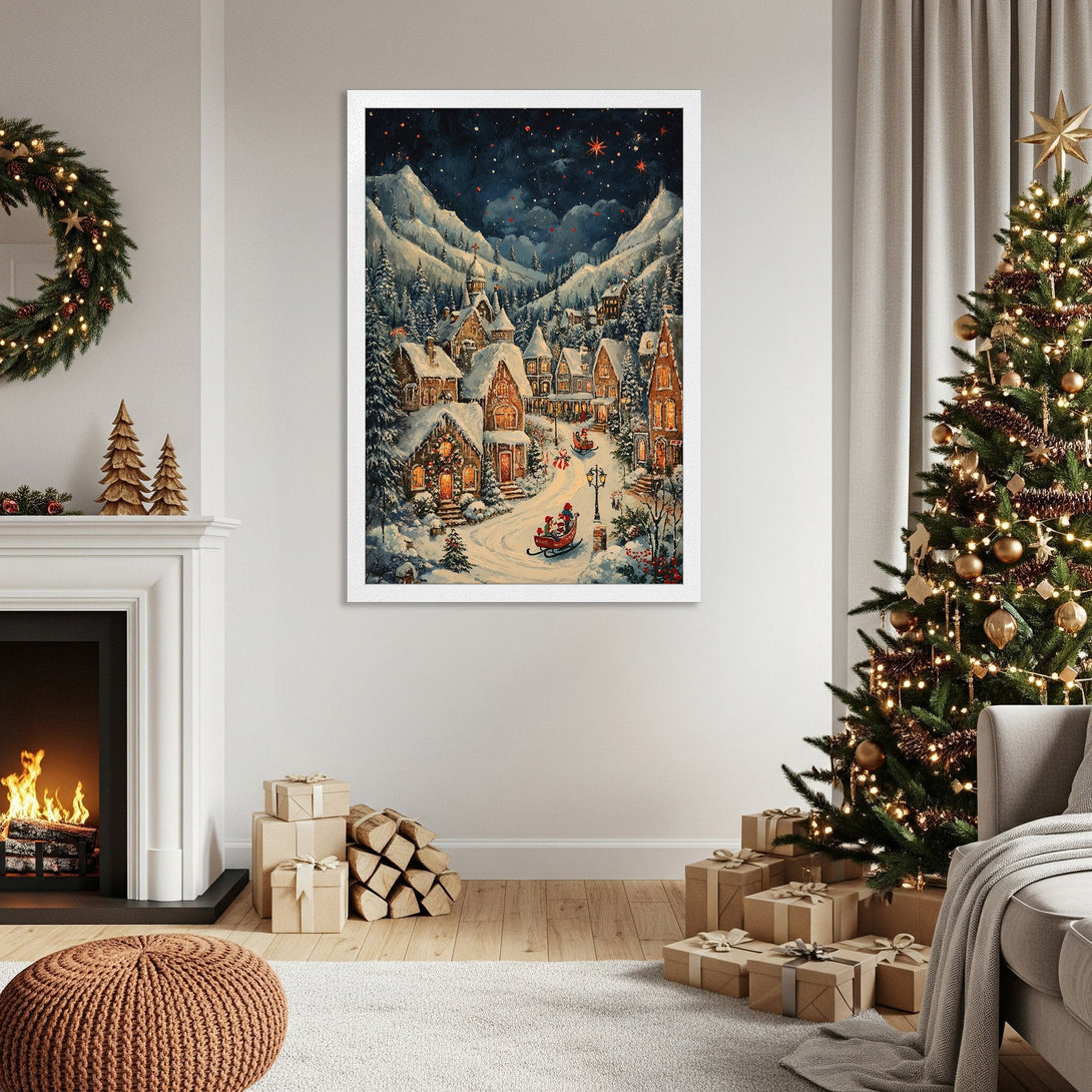 Framed Poster of a winter village scene in a warm, inviting style with a blue, white, and gold color palette. Perfect Christmas decor.