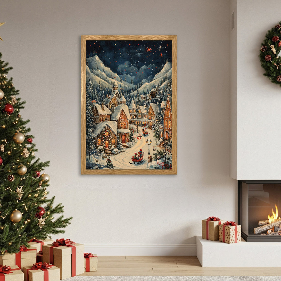 Framed Poster of a winter village scene in a cozy, vintage style. Features a blue and white color palette, perfect for Christmas decor.