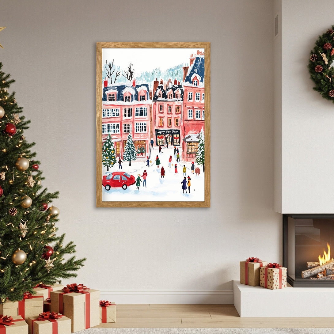 Framed Poster of a winter holiday scene with pink buildings, watercolor style, warm color palette. Perfect for Christmas decor!