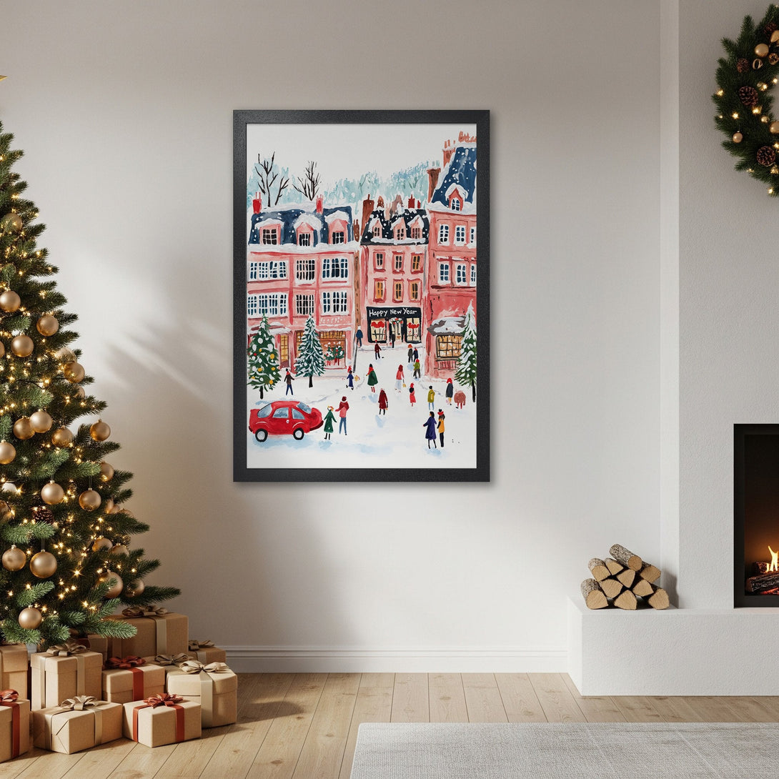 Framed Poster of a winter town scene in watercolor style, featuring red and blue hues, perfect for holiday decor.