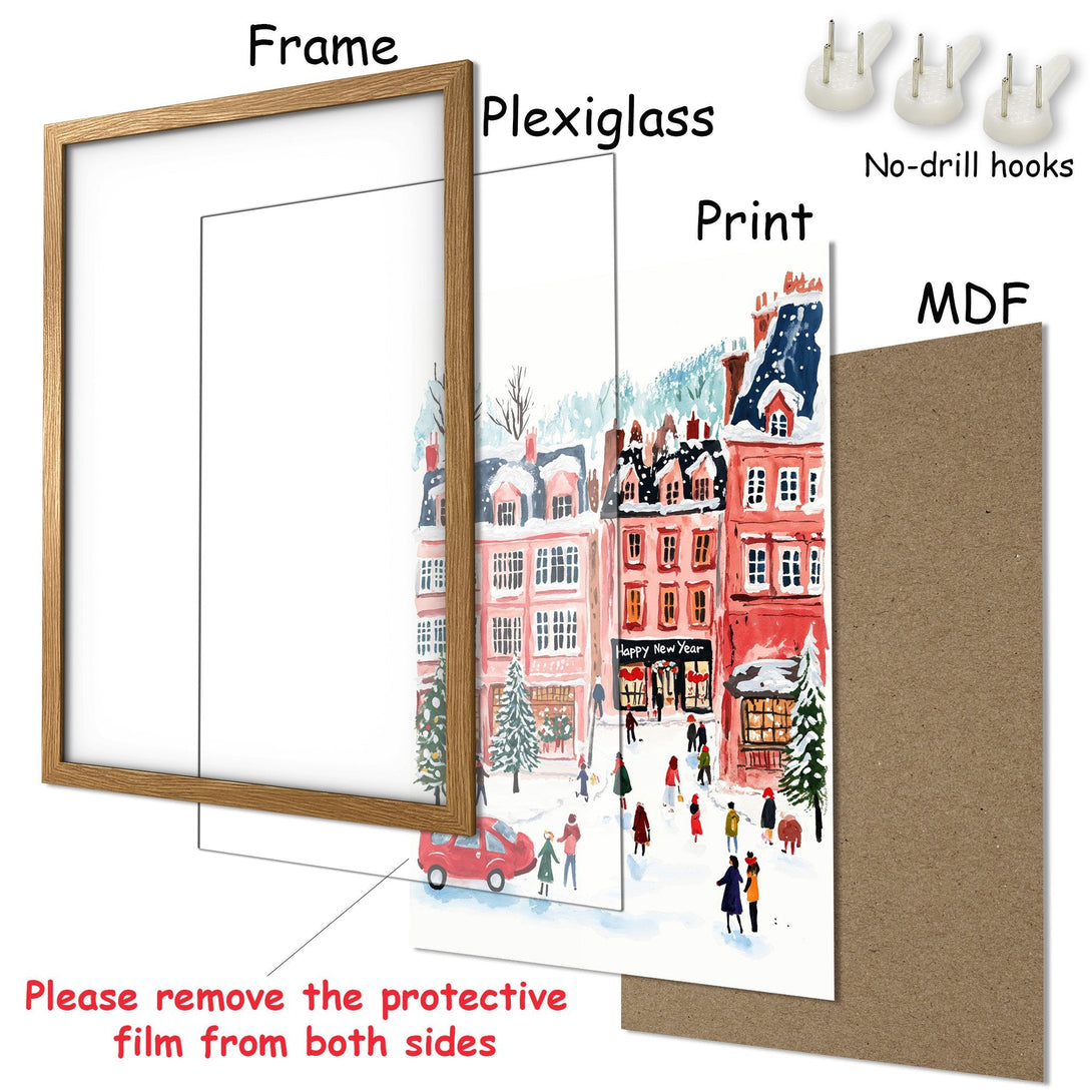 Framed Poster featuring a winter scene with red buildings, watercolor style, and a warm color palette. Perfect for holiday decor!