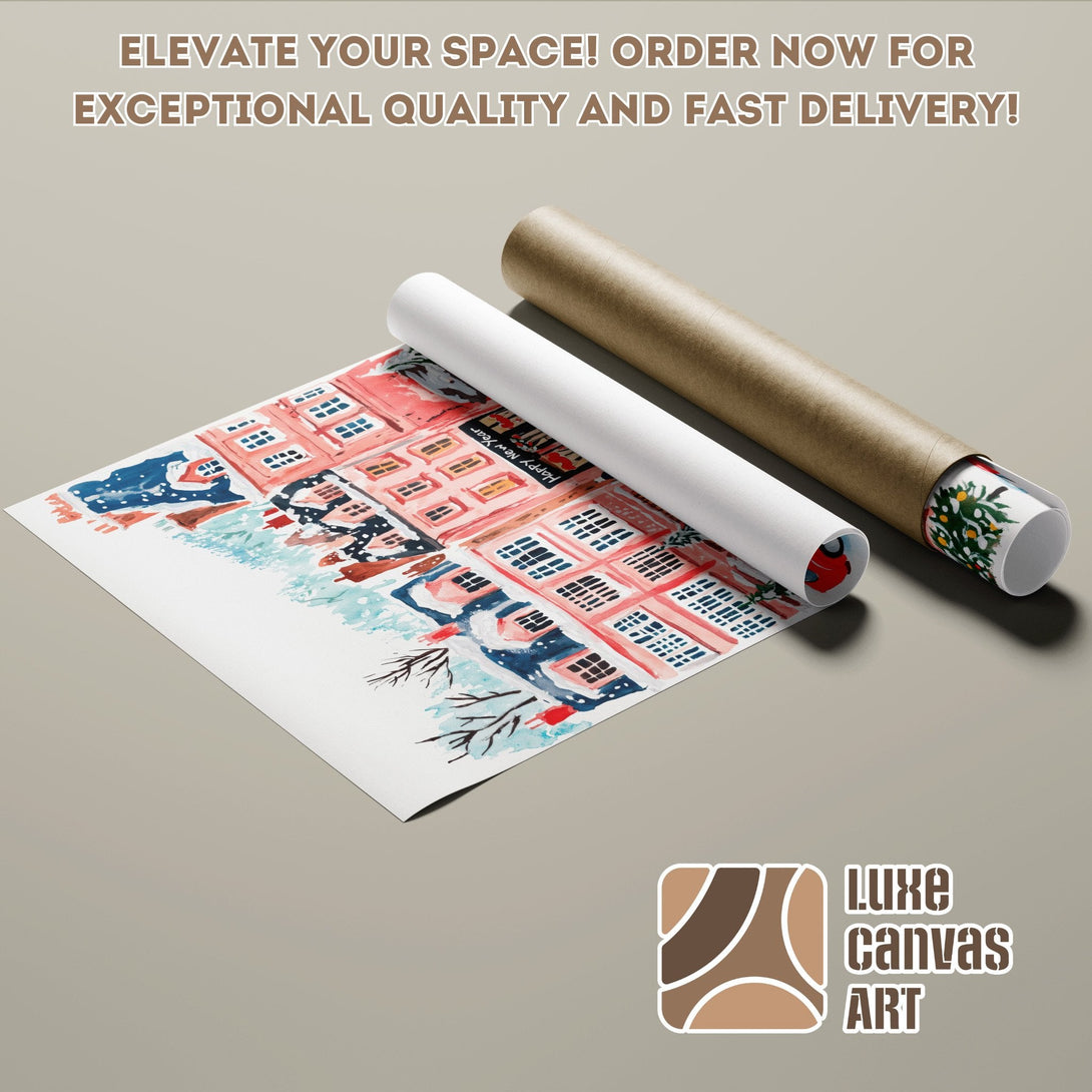 Watercolor Poster Roll featuring a winter city scene in red, blue, and white. Elevate your decor!