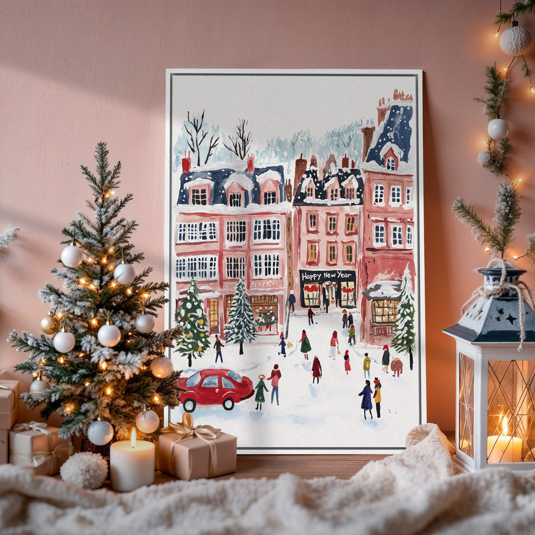 Framed Wall Art: Watercolor winter scene Canvas Print. Cozy holiday decor, featuring a snowy town in a warm red and blue color palette. Perfect Christmas gift!