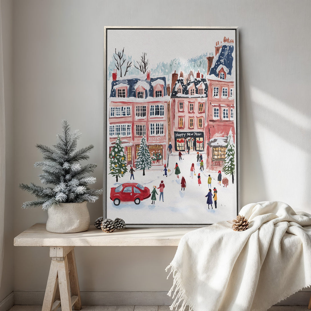 Framed Wall Art: Winter scene Canvas Print with watercolor style, featuring a snowy town, red accents, and a festive color palette. Perfect holiday decor!