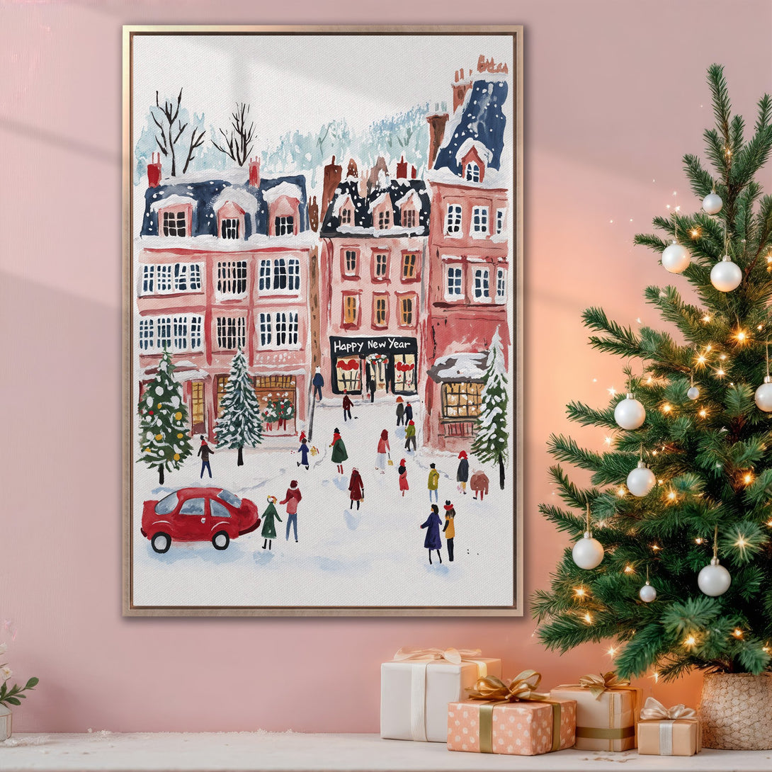 Framed Wall Art: Watercolor winter scene with red and blue buildings, people, and a red car. Festive holiday decor in a warm pink and gold palette.