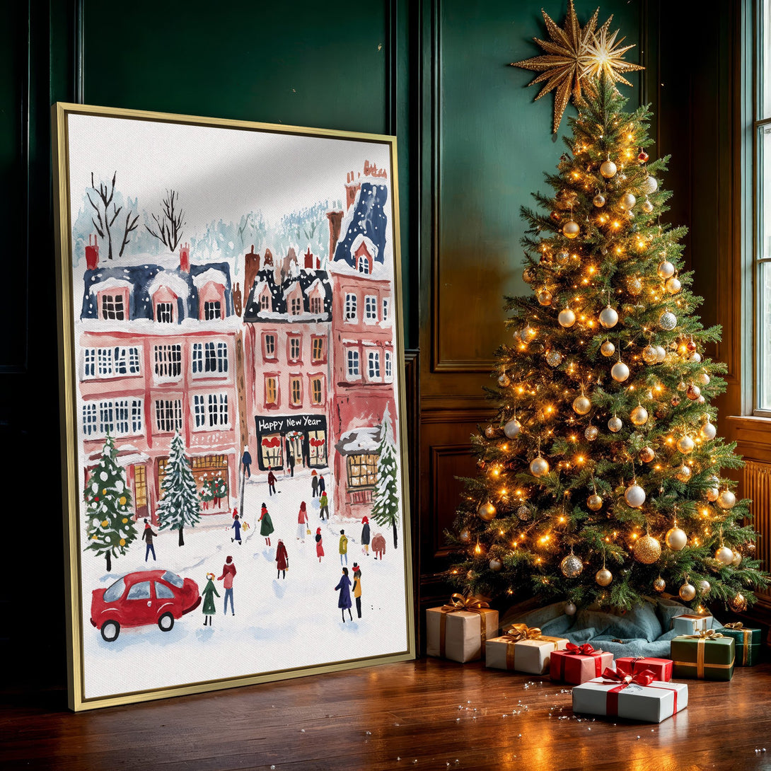 Canvas Print of a watercolor winter town scene in pink and blue hues. Charming illustration for holiday decor.