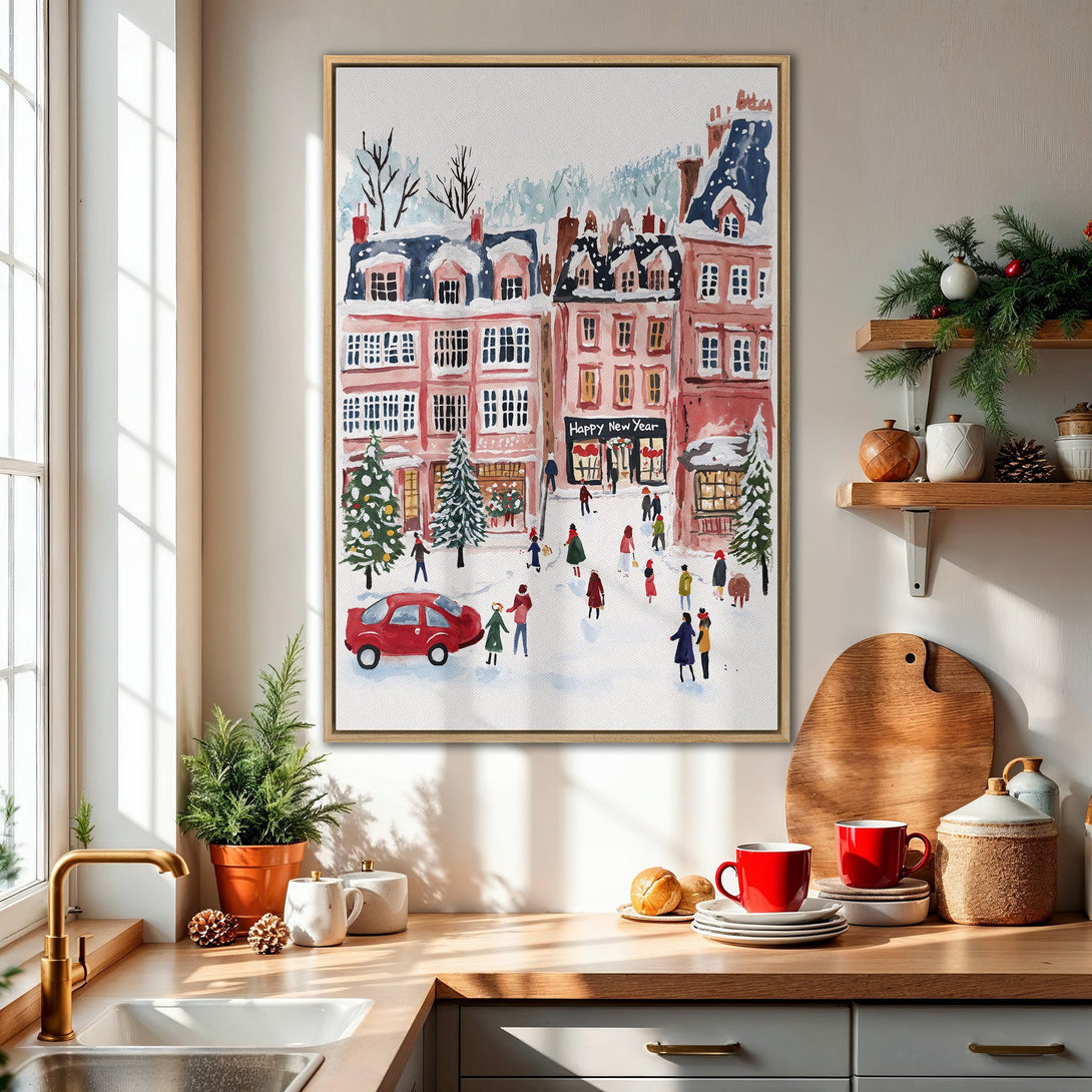 Framed Wall Art: Watercolor winter scene with pink buildings & red car. Festive holiday art in a cozy kitchen setting. Shop Canvas Prints for your home!