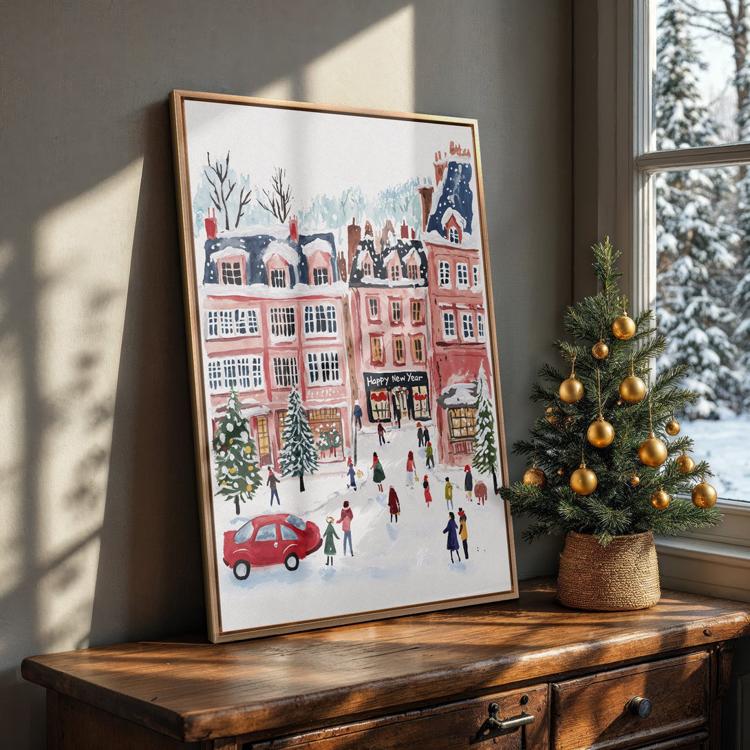 Framed Wall Art: Watercolor winter scene in pinks, blues, and reds. Perfect for holiday decor! Adds a cozy, festive touch to any space.