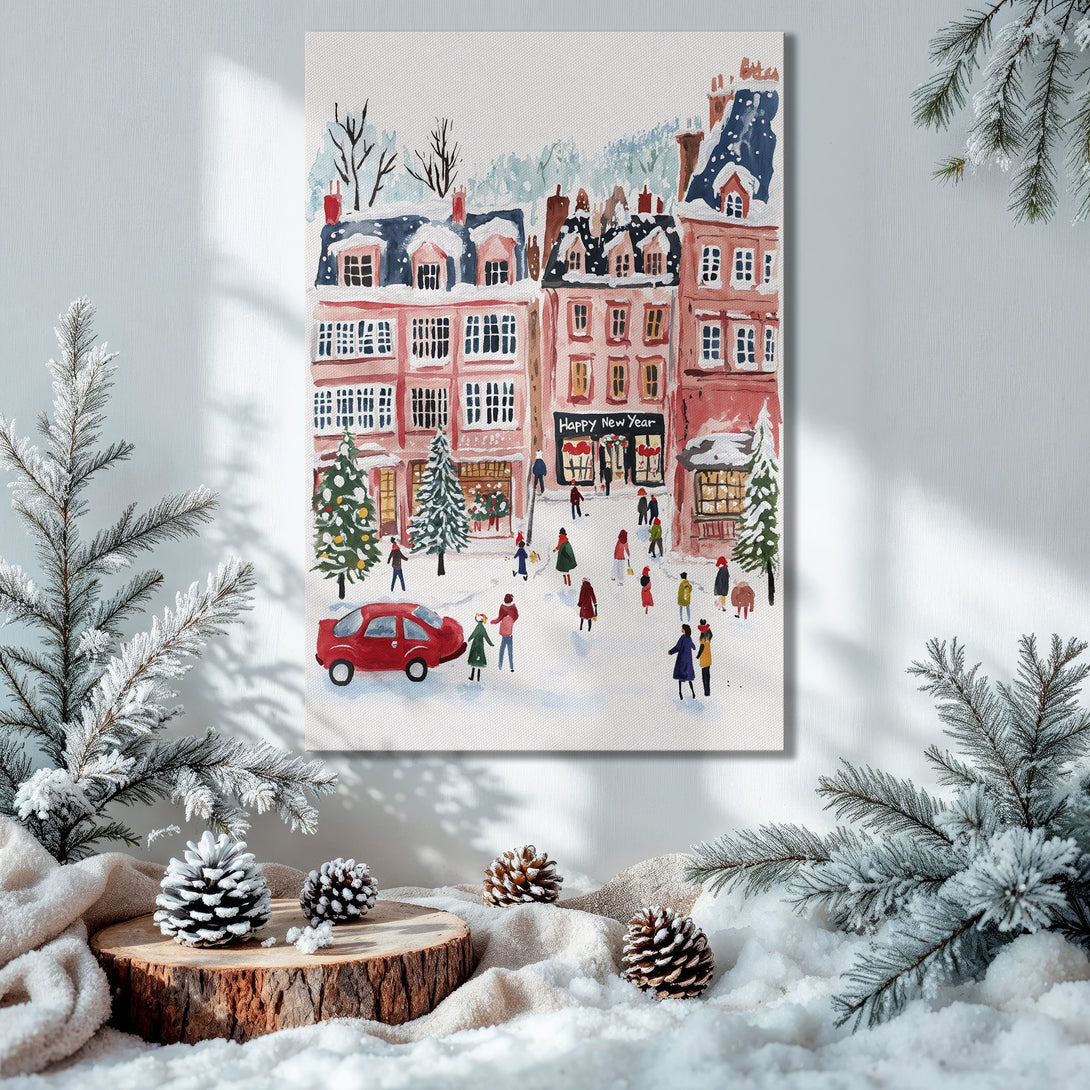 Framed Wall Art: Watercolor winter scene with red, pink, and blue hues. Festive holiday decor with a Christmas tree. Perfect for seasonal home updates.