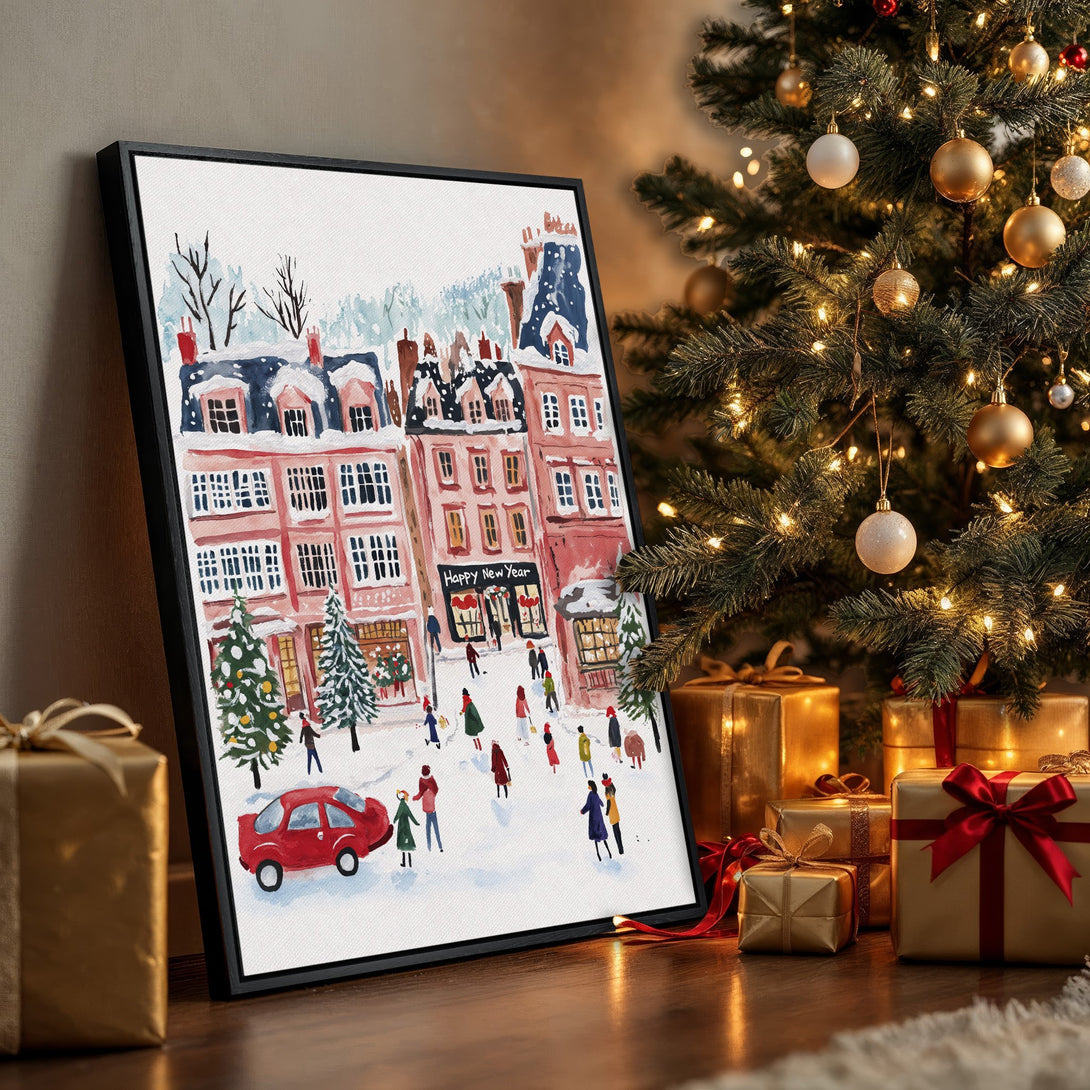 Framed Wall Art: Watercolor winter scene with a festive town, featuring a red car and people. Warm pink and blue hues, perfect holiday decor.