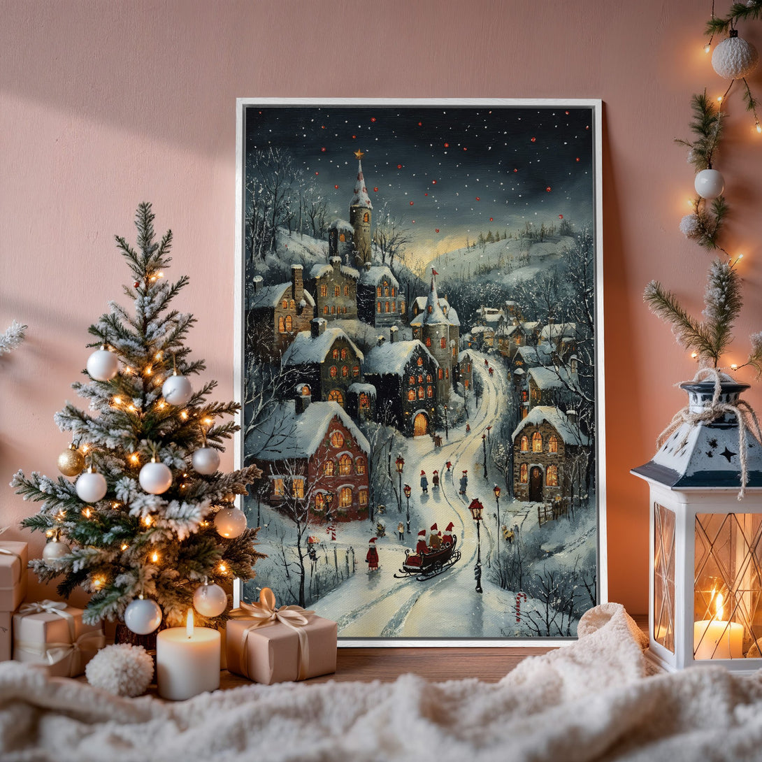 Framed Wall Art: Winter village scene in a cozy, painterly style. Features a snowy landscape with a warm, inviting color palette of reds, whites, and blues.