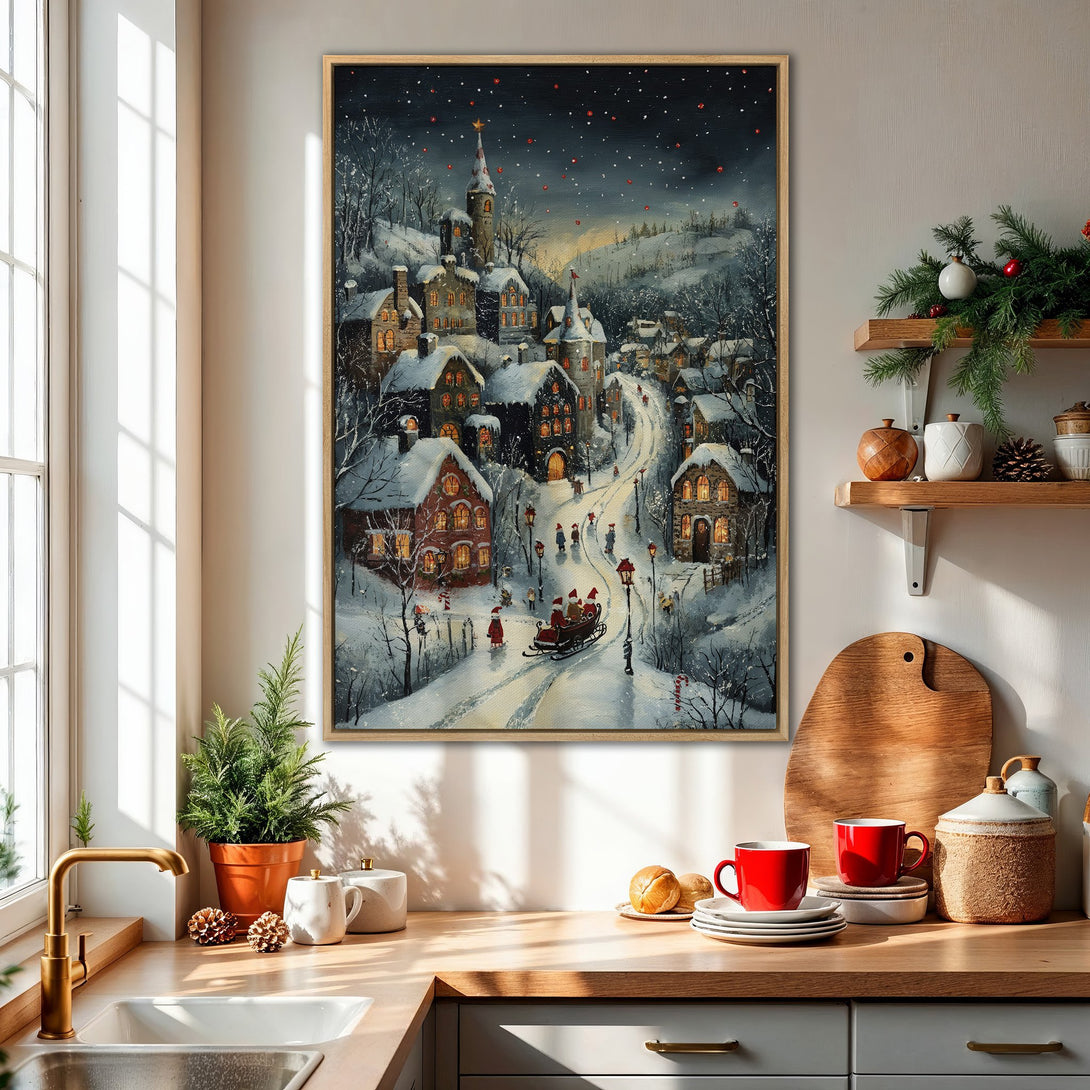 Framed Wall Art: Winter village scene in a cozy kitchen. Featuring a snowy landscape with warm, inviting colors. Perfect for holiday decor!