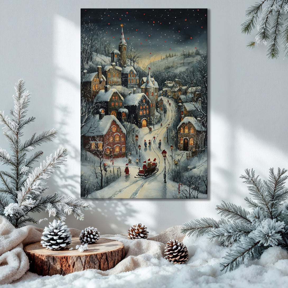 Framed Wall Art: Winter village scene Canvas Print with a warm, inviting color palette. Perfect holiday decor for a cozy, classic feel.